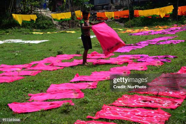 Bangladeshi labors working in the Batik Cloth industry at Narsingdi area near Dhaka, Bangladesh, on April 26, 2018. Each Worker earns par day 400-500...