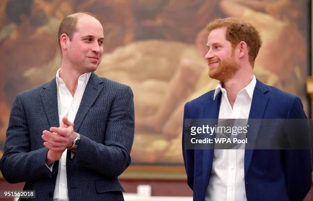 Prince William, Duke of Cambridge and Prince Harry attend the opening of the Greenhouse Sports Centre on April 26, 2018 in London, United Kingdom.