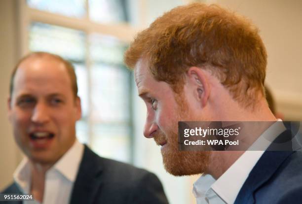 Prince William, Duke of Cambridge and Prince Harry attend the opening of the Greenhouse Sports Centre on April 26, 2018 in London, United Kingdom.
