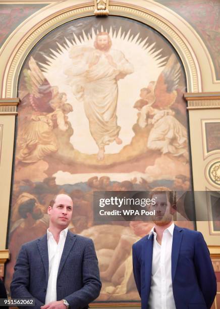 Prince William, Duke of Cambridge and Prince Harry attend the opening of the Greenhouse Sports Centre on April 26, 2018 in London, United Kingdom.