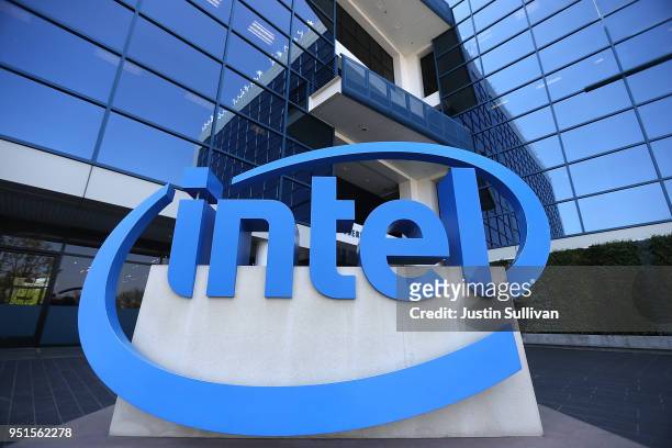 The Intel logo is displayed outside of the Intel headquarters on April 26, 2018 in Santa Clara, California. Intel will report first quarter earnings...
