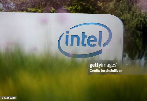 The Intel logo is displayed outside of the Intel headquarters on April 26, 2018 in Santa Clara, California. Intel will report first quarter earnings...