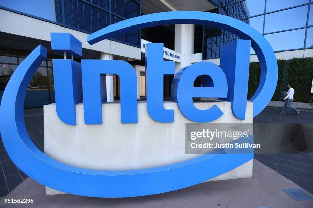 The Intel logo is displayed outside of the Intel headquarters on April 26, 2018 in Santa Clara, California. Intel will report first quarter earnings...