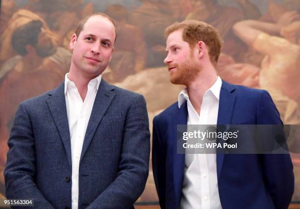 Prince William, Duke of Cambridge and Prince Harry attend the opening of the Greenhouse Sports Centre on April 26, 2018 in London, United Kingdom.