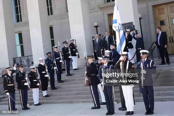 Secretary of Defense Jim Mattis participates in an enhanced honor cordon to welcome Israeli Minister of Defense Avigdor Lieberman April 26, 2018 at...