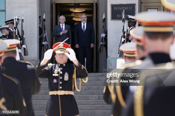 Secretary of Defense Jim Mattis participates in an enhanced honor cordon to welcome Israeli Minister of Defense Avigdor Lieberman April 26, 2018 at...