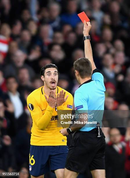 Sime Vrsaljko of Atletico Madrid is shown a red card during the UEFA Europa League Semi Final leg one match between Arsenal FC and Atletico Madrid at...