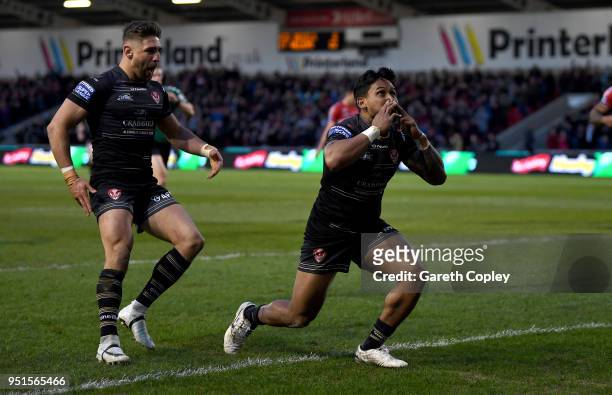 Ben Barba of St Helens celebrates scoring his second try during the Betfred Super League match between Salford Red Devils and St Helens at AJ Bell...