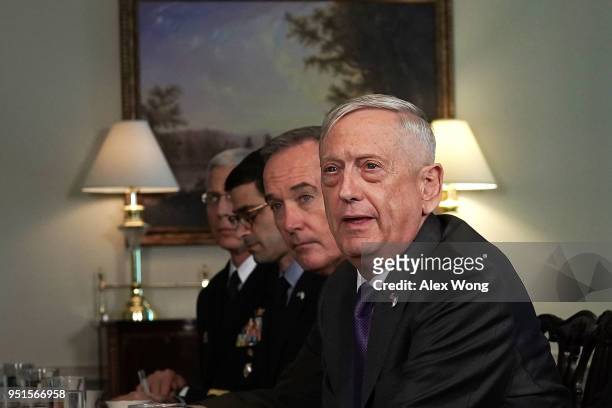 Secretary of Defense Jim Mattis speaks as Chairman of the Joint Chief of Staff Gen. Joseph Dunford listens during a bilateral meeting with Israeli...