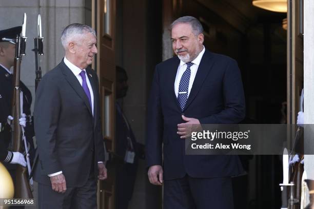 Secretary of Defense Jim Mattis participates in an enhanced honor cordon to welcome Israeli Minister of Defense Avigdor Lieberman April 26, 2018 at...