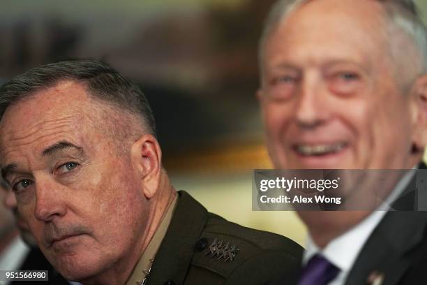 Secretary of Defense Jim Mattis speaks as Chairman of the Joint Chief of Staff Gen. Joseph Dunford listens during a bilateral meeting with Israeli...