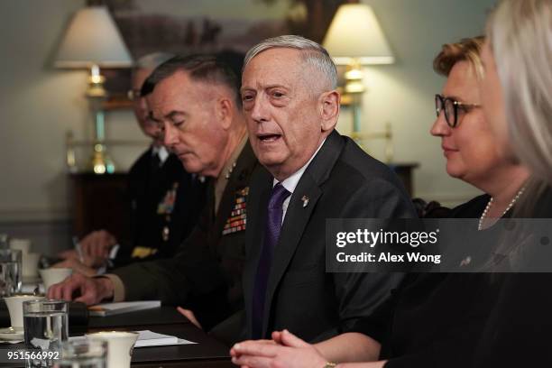 Secretary of Defense Jim Mattis speaks as Chairman of the Joint Chief of Staff Gen. Joseph Dunford listens during a bilateral meeting with Israeli...