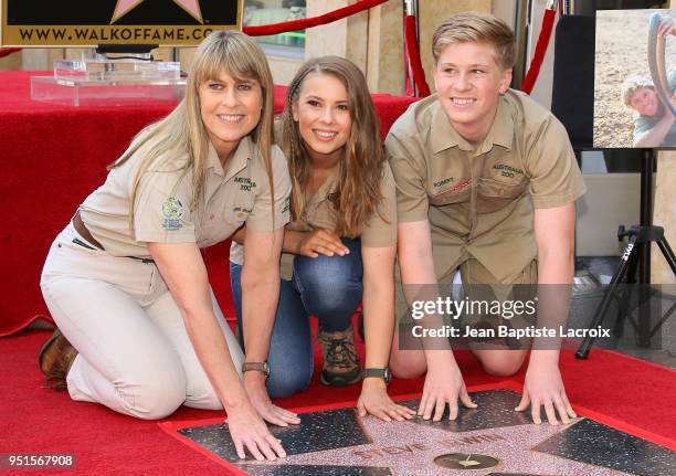 Terri Irwin, Bindi Irwin and Robert Irwin attend a ceremony honoring Steve Irwin with a star on The Hollywood Walk of Fame on April 26, 2018 in Los...