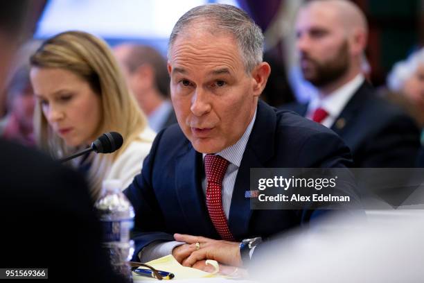 Administrator Scott Pruitt testifies before the House Appropriations Committee during a hearing on the 2019 Fiscal Year EPA budget at the Capitol on...