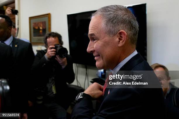 Administrator Scott Pruitt enters the hearing room prior to his testimony before the House Appropriations Committee during a hearing on the 2019...