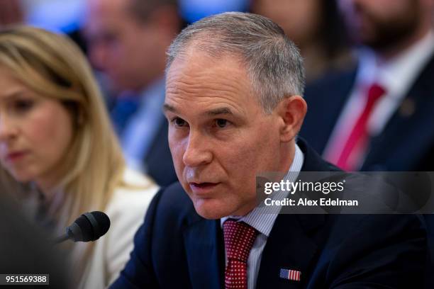 Administrator Scott Pruitt testifies before the House Appropriations Committee during a hearing on the 2019 Fiscal Year EPA budget at the Capitol on...