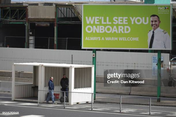 Men wait for a bus at Dover Ferry Terminal on April 26, 2018 in Dover, England. After speeking to a parliamentary committee of lawmakers, UK Brexit...
