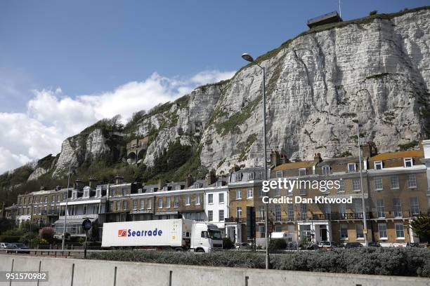 Lorry drives under the White Cliffs as it arrives at Dover Ferry Terminal on April 26, 2018 in Dover, England. After speeking to a parliamentary...