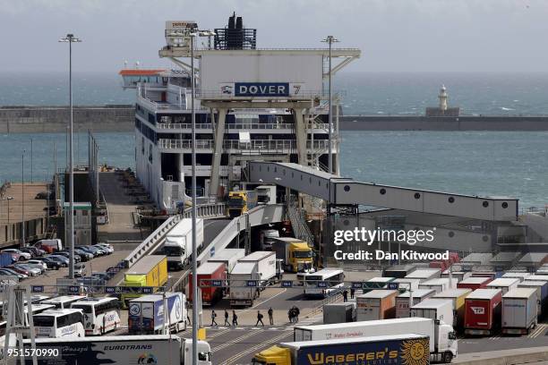 Lorries and passengers arrive and depart from Dover Ferry Terminal on April 26, 2018 in Dover, England. After speeking to a parliamentary committee...