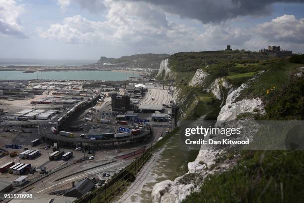 Lorries and passengers arrive and depart from Dover Ferry Terminal on April 26, 2018 in Dover, England. After speeking to a parliamentary committee...