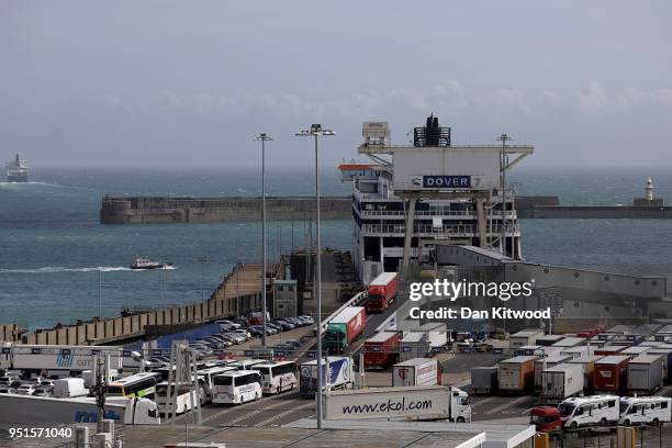Lorries and passengers arrive and depart from Dover Ferry Terminal on April 26, 2018 in Dover, England. After speeking to a parliamentary committee...