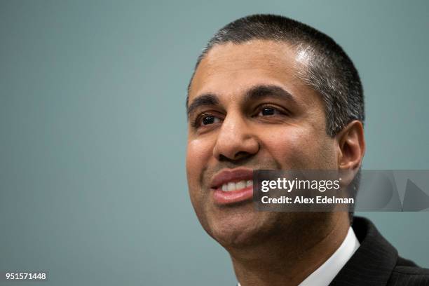 Chairman Ajit Pai testifies before the House Appropriations Committee during a hearing on the 2019FY FCC Budget on Capitol Hill on April 26, 2018 in...