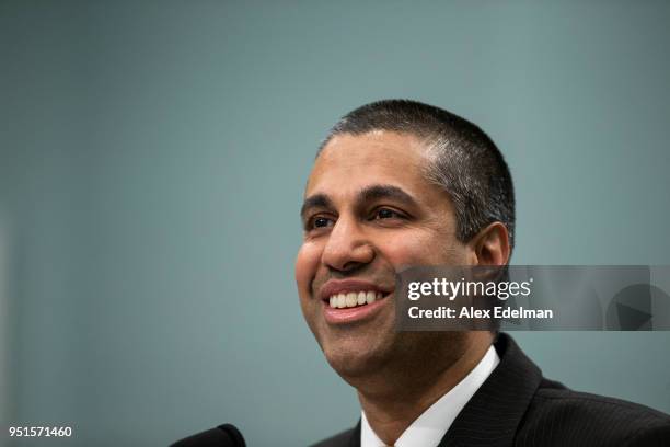 Chairman Ajit Pai testifies before the House Appropriations Committee during a hearing on the 2019FY FCC Budget on Capitol Hill on April 26, 2018 in...