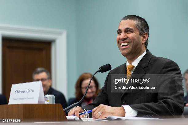 Chairman Ajit Pai testifies before the House Appropriations Committee during a hearing on the 2019FY FCC Budget on Capitol Hill on April 26, 2018 in...