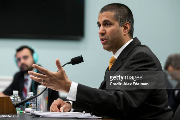 Chairman Ajit Pai testifies before the House Appropriations Committee during a hearing on the 2019FY FCC Budget on Capitol Hill on April 26, 2018 in...