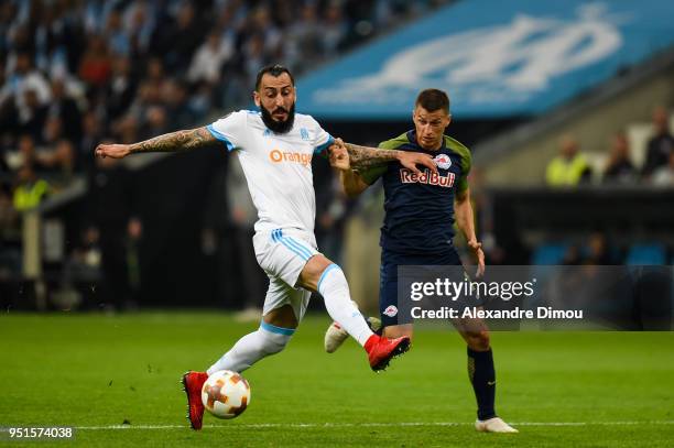 Kostas Mitroglou of Marseille during the Europa League semi final first leg match between Marseille and RB Salzburg at Stade Velodrome on April 26,...