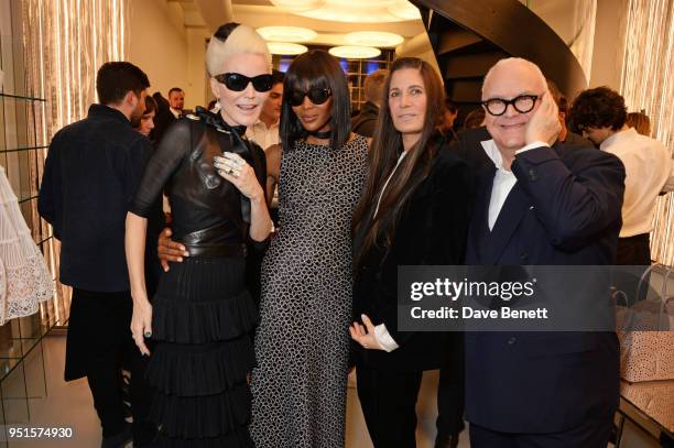 Daphne Guinness, Naomi Campbell, Elizabeth Saltzman and Manolo Blahnik attend the opening of Maison Alaia on New Bond Street on April 26, 2018 in...