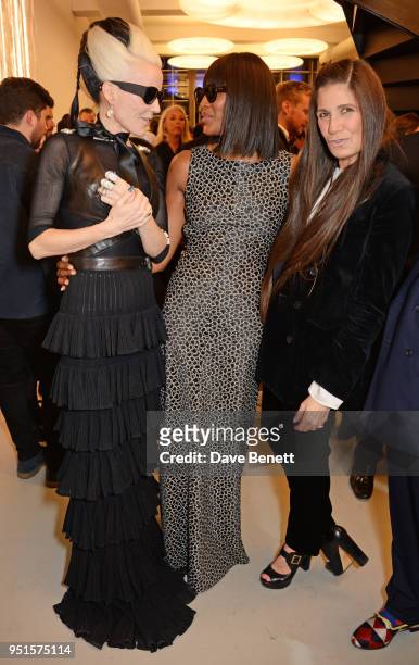 Daphne Guinness, Naomi Campbell and Elizabeth Saltzman attend the opening of Maison Alaia on New Bond Street on April 26, 2018 in London, England.