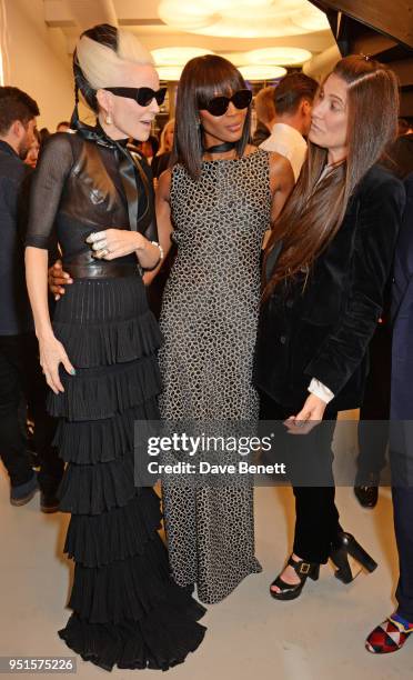 Daphne Guinness, Naomi Campbell and Elizabeth Saltzman attend the opening of Maison Alaia on New Bond Street on April 26, 2018 in London, England.