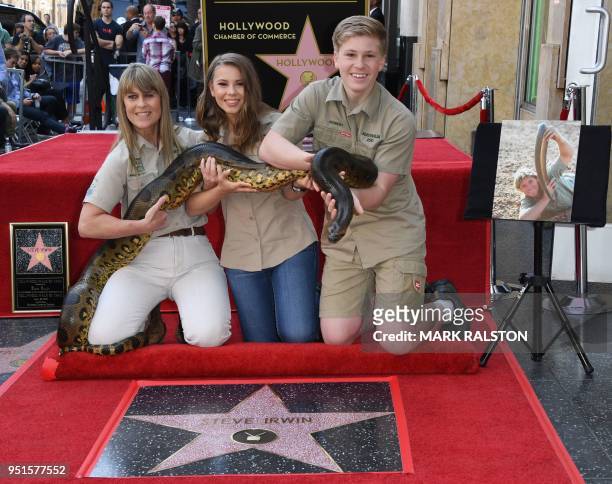 Conservationists and TV personalities Terri Irwin, Bindi Irwin and Robert Irwin hold a snake near the newly unveiled star of Steve Irwin, who was...