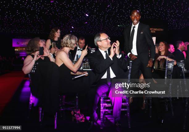 Sir Mo Farah reacts to winning Coutts Outstanding Contribution to Sport Award during the BT Sport Industry Awards 2018 at Battersea Evolution on...