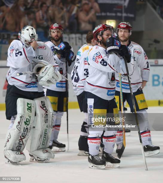 Players of Eisbaeren Berlin react after loosing the DEL Play-offs Final Match 7 between EHC Red Bull Muenchen and Eisbaeren Berlin and the German...