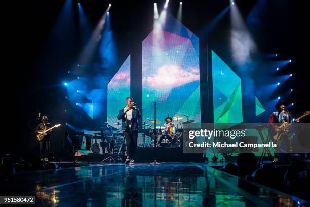 Wayne Sermon, Dan Reynolds, Daniel Platzman, and Ben McKee of Imagine Dragons performs at the Ericsson Globe Arena on April 26, 2018 in Stockholm,...