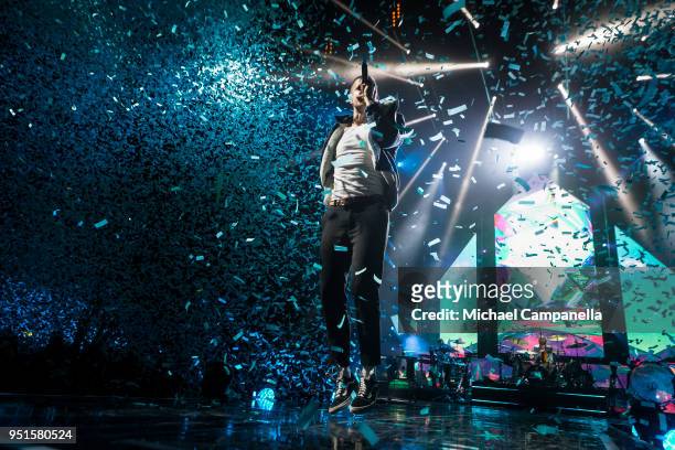 Dan Reynolds of Imagine Dragons performs at the Ericsson Globe Arena on April 26, 2018 in Stockholm, Sweden.