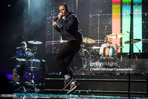 Dan Reynolds and Daniel Platzman of Imagine Dragons performs at the Ericsson Globe Arena on April 26, 2018 in Stockholm, Sweden.