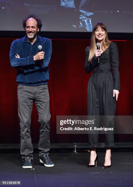 Director Luca Guadagnino and actor Dakota Johnson speak onstage during CinemaCon 2018- Amazon Studios: An Exciting New Year of Great Product for...