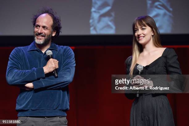 Director Luca Guadagnino and actor Dakota Johnson speak onstage during CinemaCon 2018- Amazon Studios: An Exciting New Year of Great Product for...
