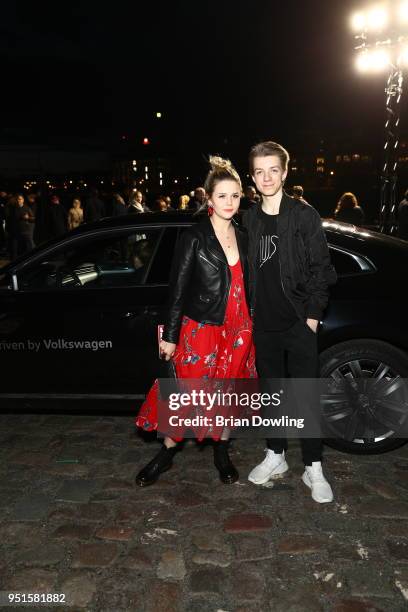 Nick Julius Schuck and guest arrive the New Faces Award Film at Spindler & Klatt on April 26, 2018 in Berlin, Germany.