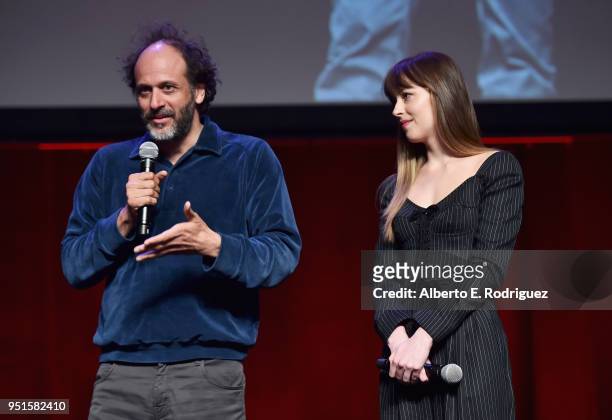 Director Luca Guadagnino and actor Dakota Johnson speak onstage during CinemaCon 2018- Amazon Studios: An Exciting New Year of Great Product for...