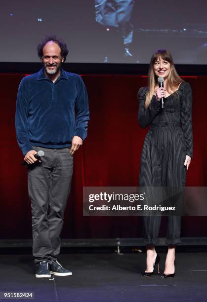 Director Luca Guadagnino and actor Dakota Johnson speak onstage during CinemaCon 2018- Amazon Studios: An Exciting New Year of Great Product for...