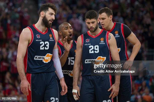 Jayson Granger, #15 of Kirolbet Baskonia Vitoria Gasteiz talks to his teammates during the Turkish Airlines Euroleague Play Offs Game 4 between...