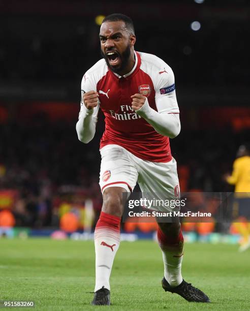 Alex Lacazette celebrates scoring the Arsenal goal during the UEFA Europa League Semi Final leg one match between Arsenal FC and Atletico Madrid at...