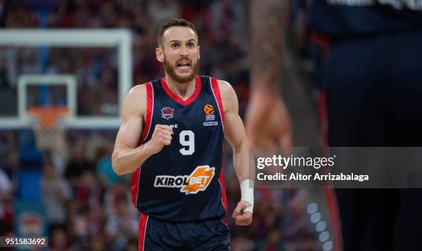 Marcelinho Huertas, #9 of Kirolbet Baskonia Vitoria Gasteiz reacts during the Turkish Airlines Euroleague Play Offs Game 4 between Kirolbet Baskonia...