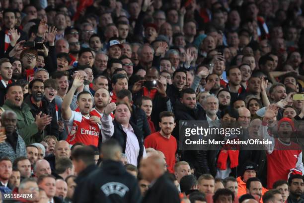 Jeremy Corbyn Leader of the Labour Party looks on among the Arsenal fans as Atletico Madrid head coach Diego Simeone is sent off during the UEFA...