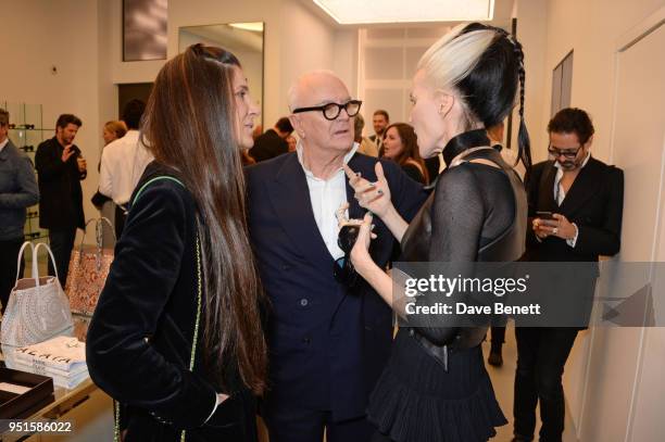 Elizabeth Saltzman, Manolo Blahnik and Daphne Guinness attend the opening of Maison Alaia on New Bond Street on April 26, 2018 in London, England.