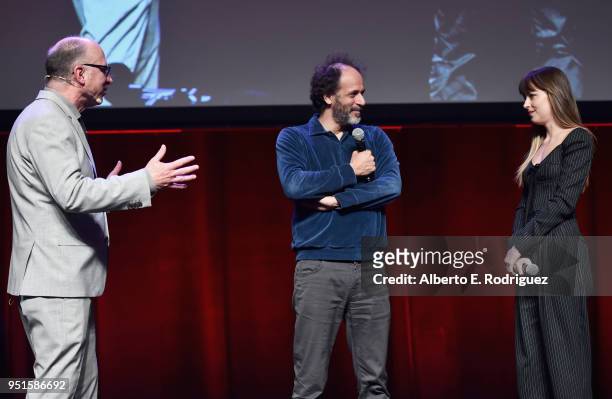 Head of Marketing & Distribution at Amazon Studios, Bob Berney, director Luca Guadagnino and actor Dakota Johnson speak onstage during CinemaCon...